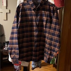 NICKLE & IRON Men's long sleeved Orange and Navy Plaid Size Large